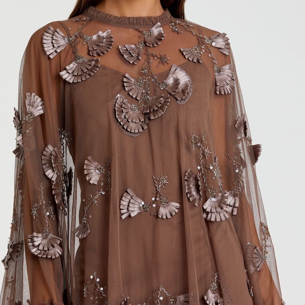 MAC DUGGAL 9257 Brown Embellished Long Flare Sleeve Mesh A-Line Dress - Picture 3 of 13